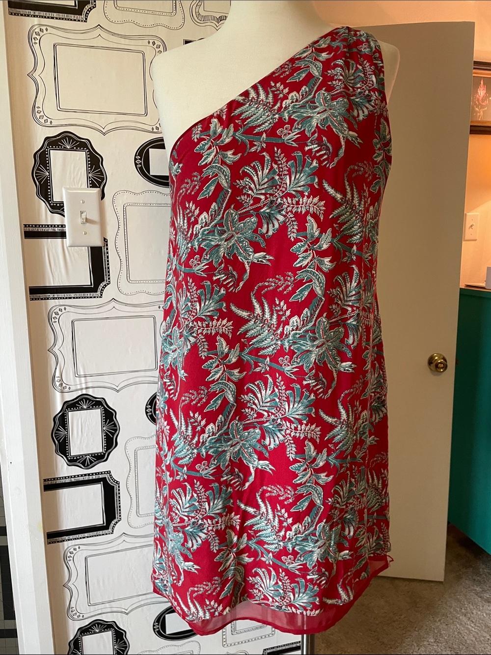 LOFT Red One-Shoulder Tropical Print Dress